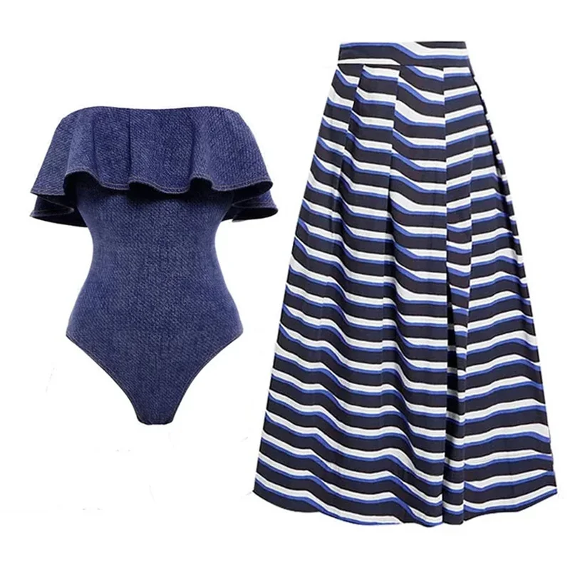 

Melphieer Ruffle Denim Swimsuit with Striped Skirt Summer One Piece Swimwear Women Monokinis Bathing Suit Outfit Swimming Suits