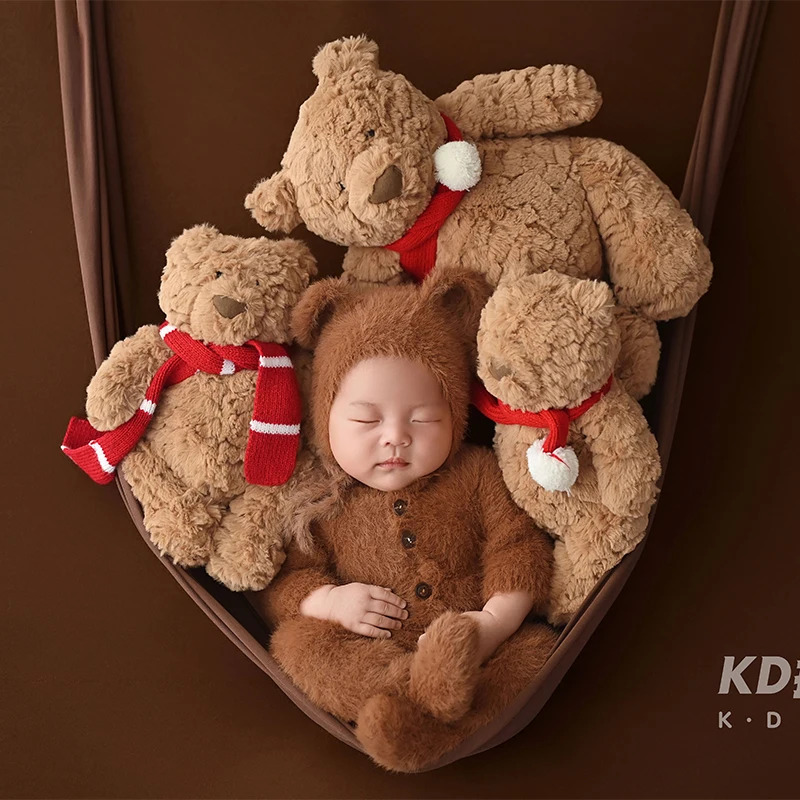 

6-Pieces Christmas Plush Bear Dolls Newborn Photography Props Cute Warm Baby Romper with Hat Baby Photo Shooting Accessories