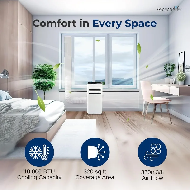 SereneLife Aire acondicionado portátil de 10000 BTU: unidad de CA portátil 3 en 1 para dormitorio de hasta 300 pies cuadrados, temporizador de 24 horas, control remoto