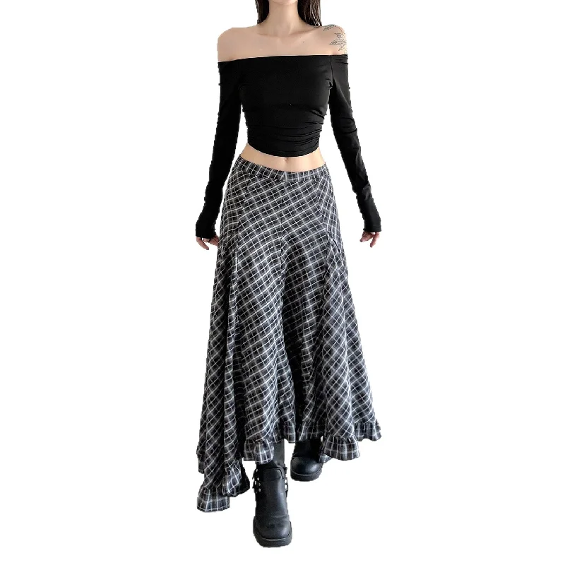 

Gray Black Plaid Asymmetrical Midi Skirt Women's Summer Design Sense Small Size Elegant Checkered Skirt A- Line Half-length