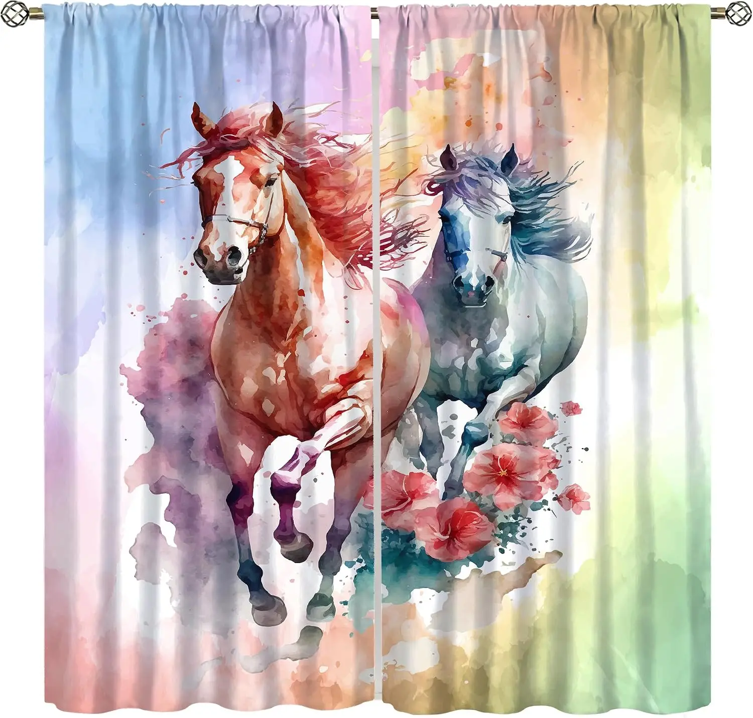 Splash Ink Floral Galloping Horse Curtain Panels, Pastel Rainbow Gradient Background Two Horses Red Hibiscus Flower Drapes