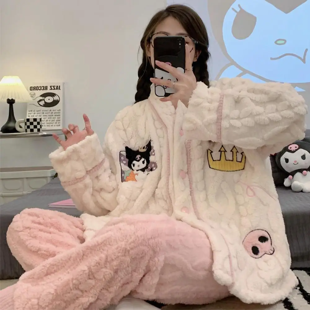 

Kawaii женский пижамный комплект Kuromi Cinnamoroll аниме милый коралловый бархат с длинными рукавами утепленная теплая ночная рубашка осень-зима домашняя одежда