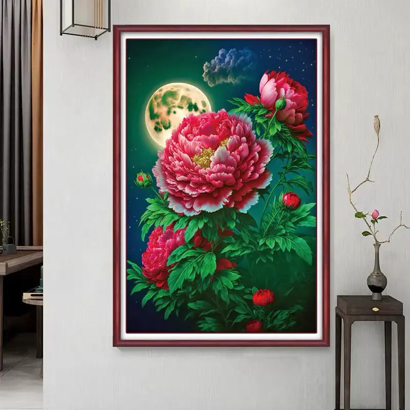 Handmade cross stitch finished product with flowers blooming under the moon 2024 new style living room entrance vertical hanging