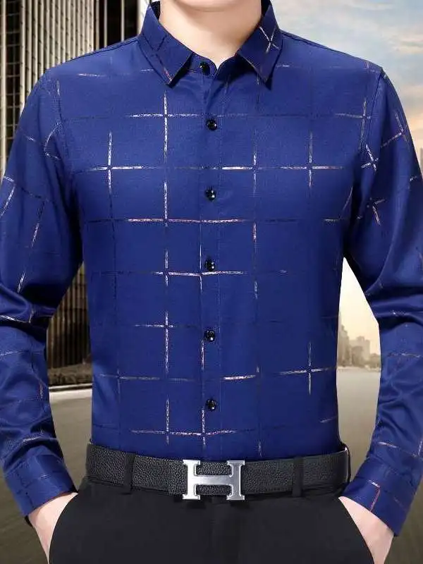 

Мужская деловая повседневная рубашка в клетку, новая осенняя модель, с имитацией двухслойности из искусственной кожи, свободного кроя, легкая в уходе, тонкая, стильная, CleanFit