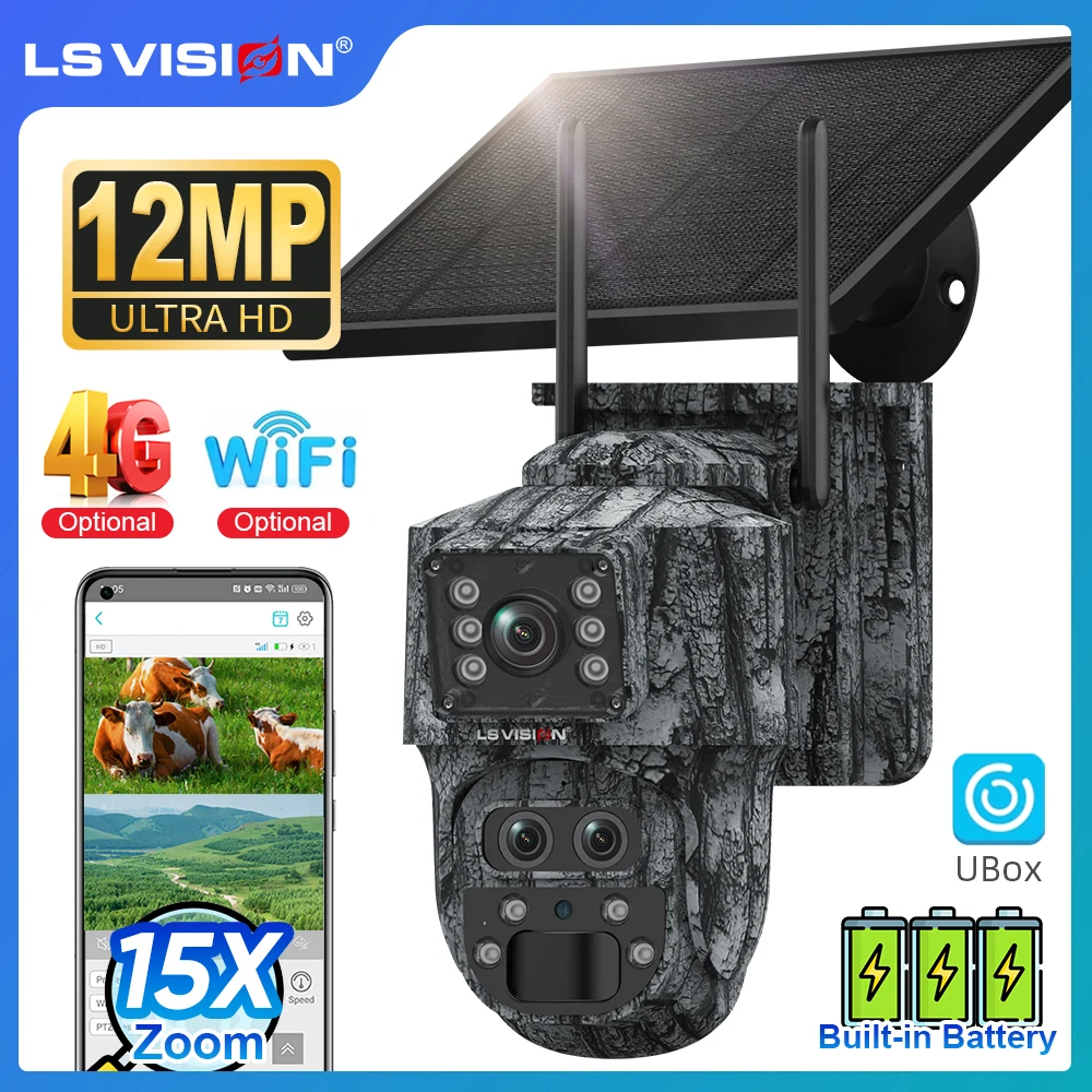 LS VISION 12MP 4G Solar Trail Camera Dual Screens Outdoor 6K WiFi PTZ 15X Zoom PIR Detection Auto Tracking Security Cameras Ubox