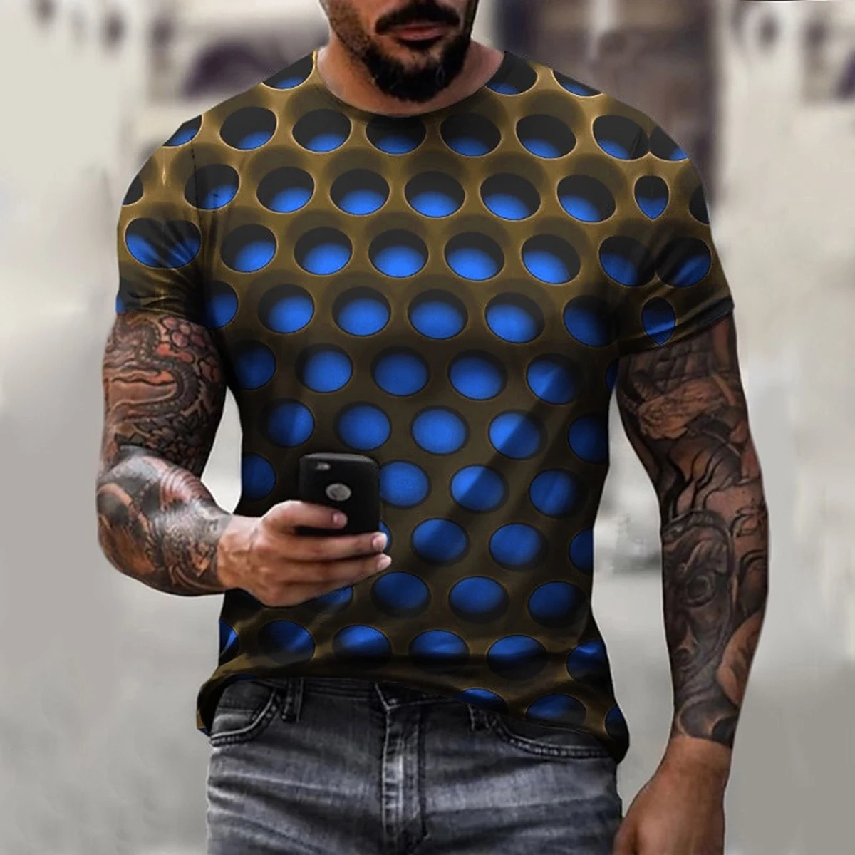 Men's Harajuku Hip Hop T-shirt 3D Optical Illusion Gradient Street Trend Short Sleeve Fashion Versatile Top