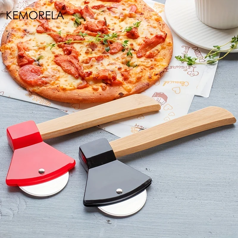 Stainless Steel Pizza Cutter with Wooden Handle Ax Knife Type Pastry Roller Single Wheel Scissor Design Kitchen Tool