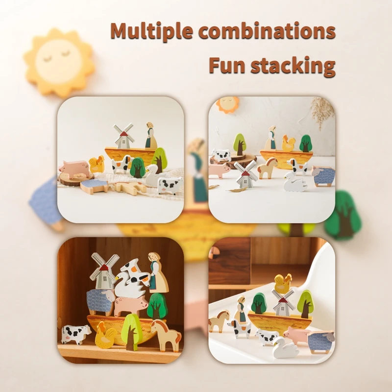 Children\'s Farm House Model Montessori Toy Farmer Cow Hen Duck Poultry Animal Wooden Stacking Game Kids Educational Toy Gifts