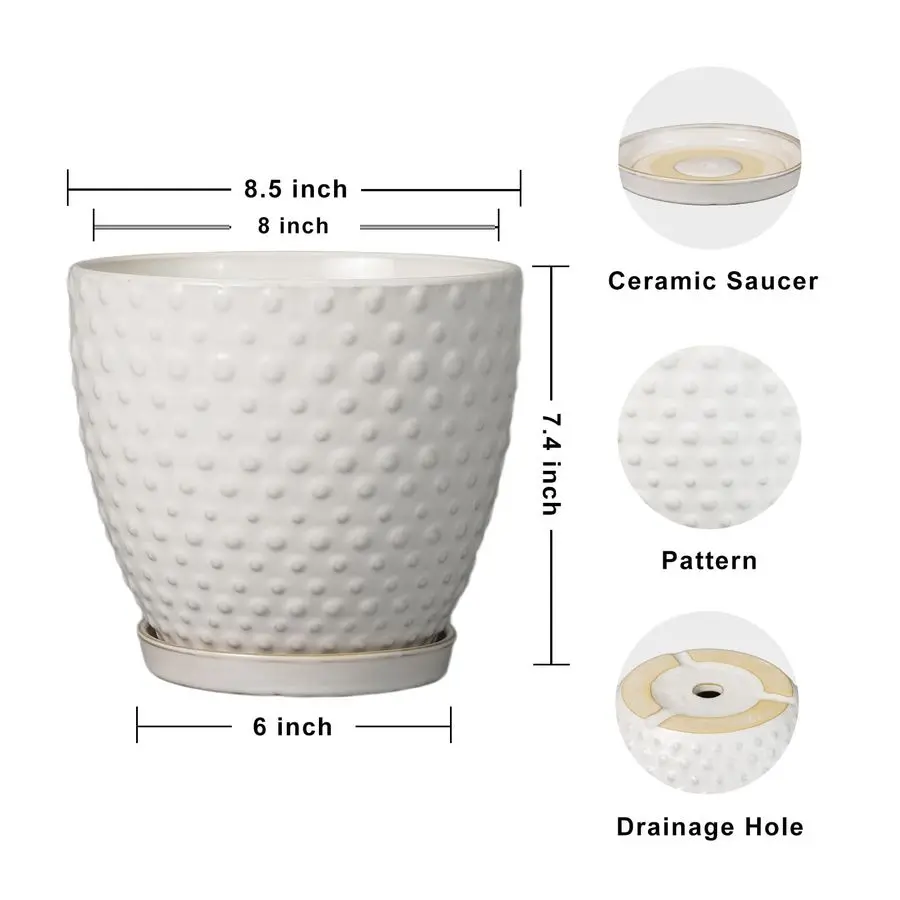 Epjardening vaso de plantas de 8 espaços para plantas internas e externas vaso redondo de cerâmica com furo de drenagem e pires moderno grande fluxo