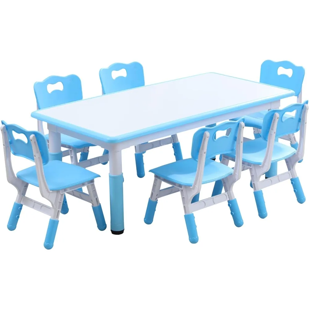 

Kids Table And 6 Chairs Set With Graffiti Desktop, Toddler Furniture Set, Non-Slip, Table Children Study Desk, Dining Table, Hei