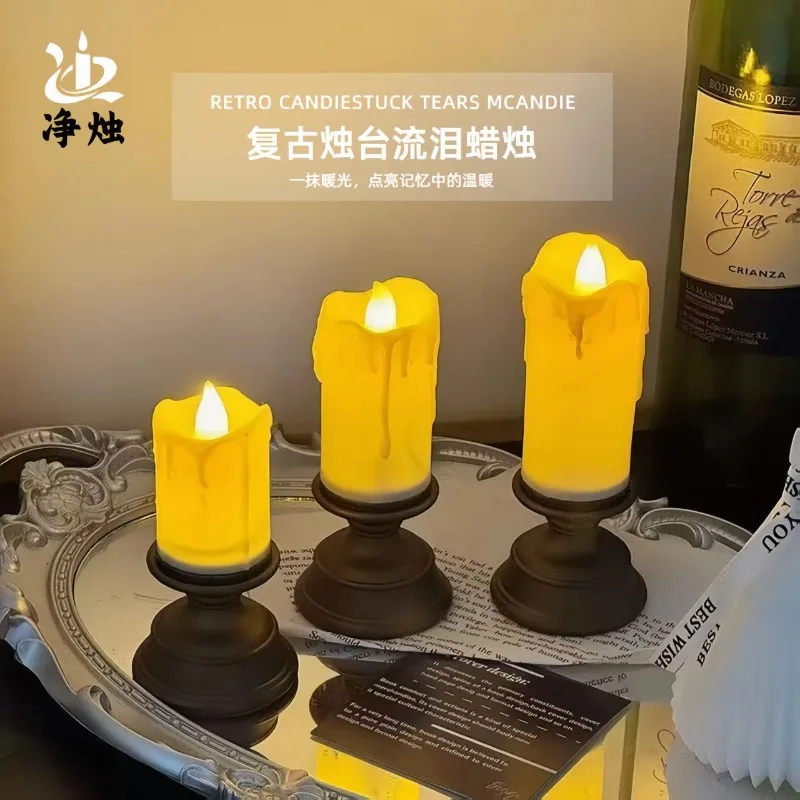 Dripping Wax LED Candles with Handle Holder Classic Retro Atmosphere Candle Stand Night Light Ornament-flicker Fire-with Battery