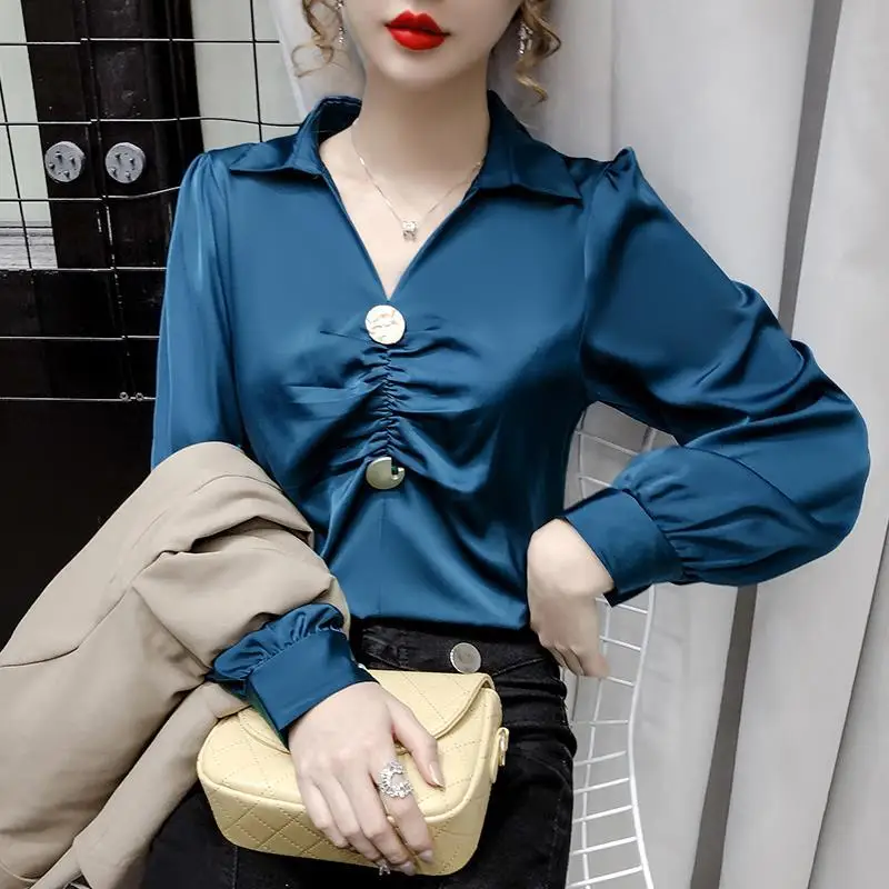 Vintage All-match Pleated Blouse Long Sleeve Polo Neck Solid Elegant Shirt Tops Spring Autumn New Fashion Office Women Clothing