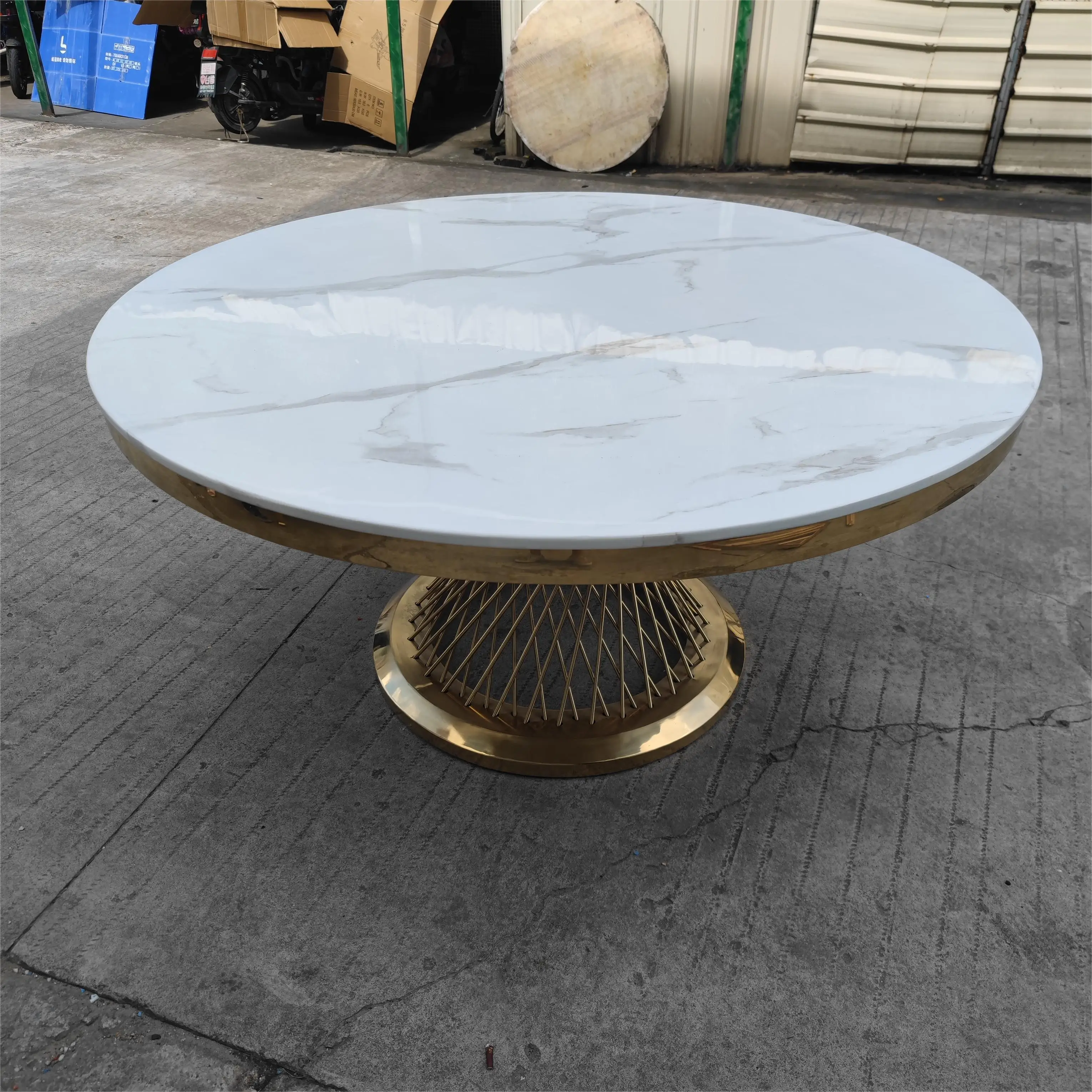 xx-White Marble Top Round Golden Stainless Steel Metal Base Wedding Dining Table for Event Banquet^