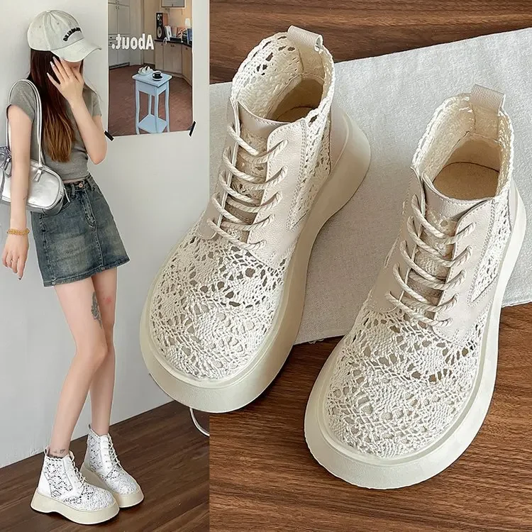 

2024 New Women Boots Hollow Women's Sandals Fashion Lace Lace-up Ladies Cool Boot Elegant Woman Platform Ankle Boots Heel Sandal