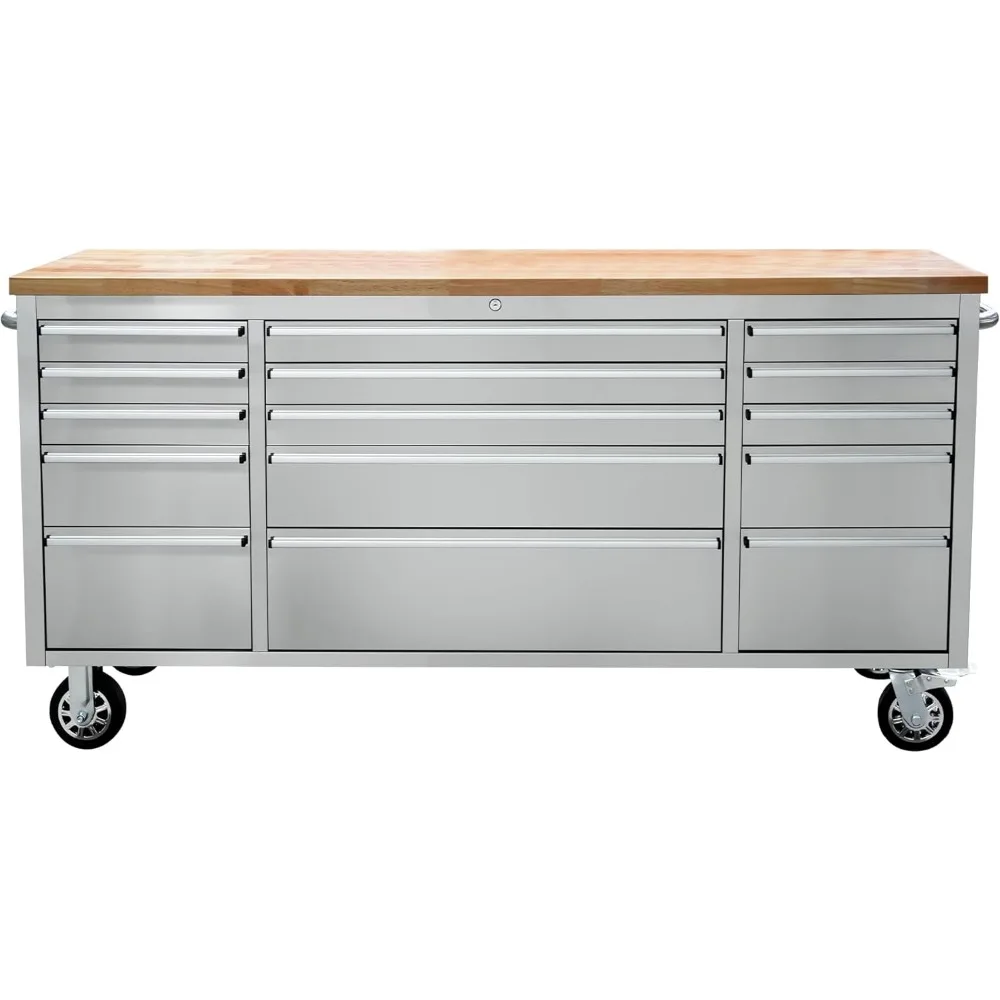72-inch Rolling Tool Chest with 15 Drawers and Wheels, Mobile Garage Workbench, Large Tool Box Storage Tool Cabinet with Wood T