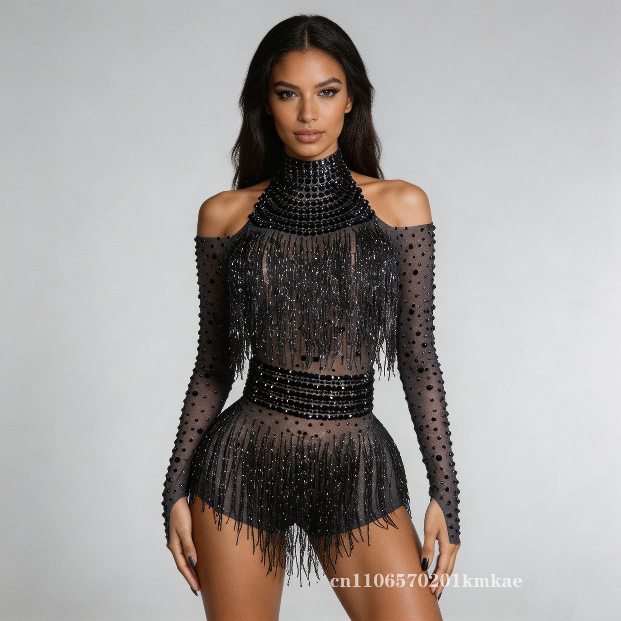 Vestido de Baile Latino con Flecos Negros para Mujer, Body de Malla con Pedrería Brillante y Borlas, Traje para Salsa, Bachata y Actuaciones en Escenario