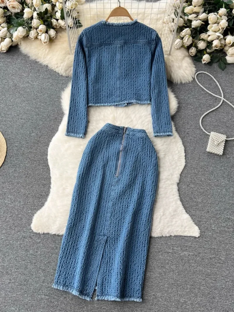 Denim Suit Women Raw Edge Long Sleeve Short Jeans Jacket + Split Midi Skirts Autumn Small Fragrance Style  Two-piece Set