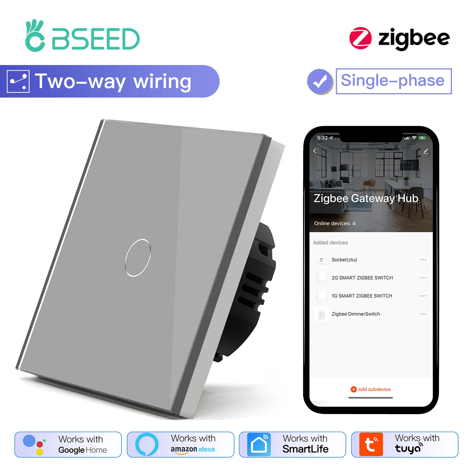 BSEED 1/2/3Gang Smart Zigbee Touch Light Switch 2-Way Control Compatible with Alexa/Google Home No Neutral Wire Touch Switch image 3