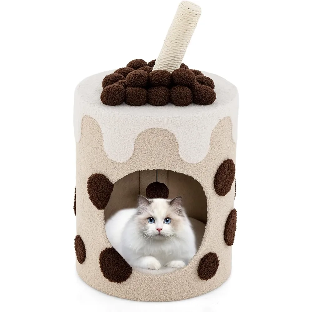 

Tangkula Bubble Tea Cat Tree Tower, 26.5 Inch Cat Condo Furniture with Scratching Post, Dangling Ball Toy, Multifunctional Cat F