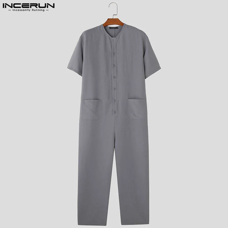 INCERUN 2024 American Style Bodysuit Fashion Men O-neck Short Sleeved Rompers Casual Streetwear Solid Comfortable Jumpsuit S-5XL