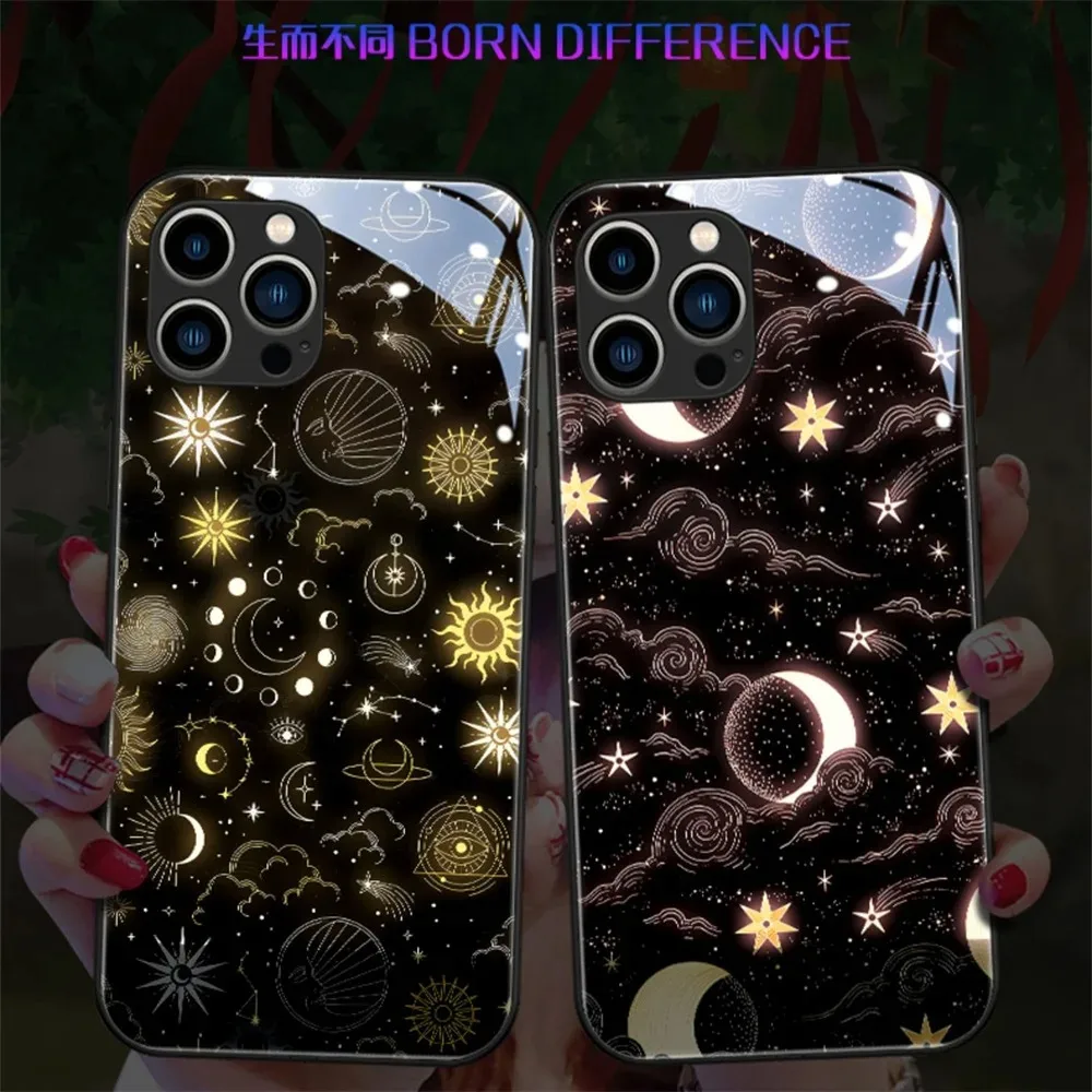 

Dark Space LED Light Glowing Luminous Tempered Glass TPU Border Phone Case For iPhone 15 14 13 12 11 X Xs Xr Mini Pro Max Plus