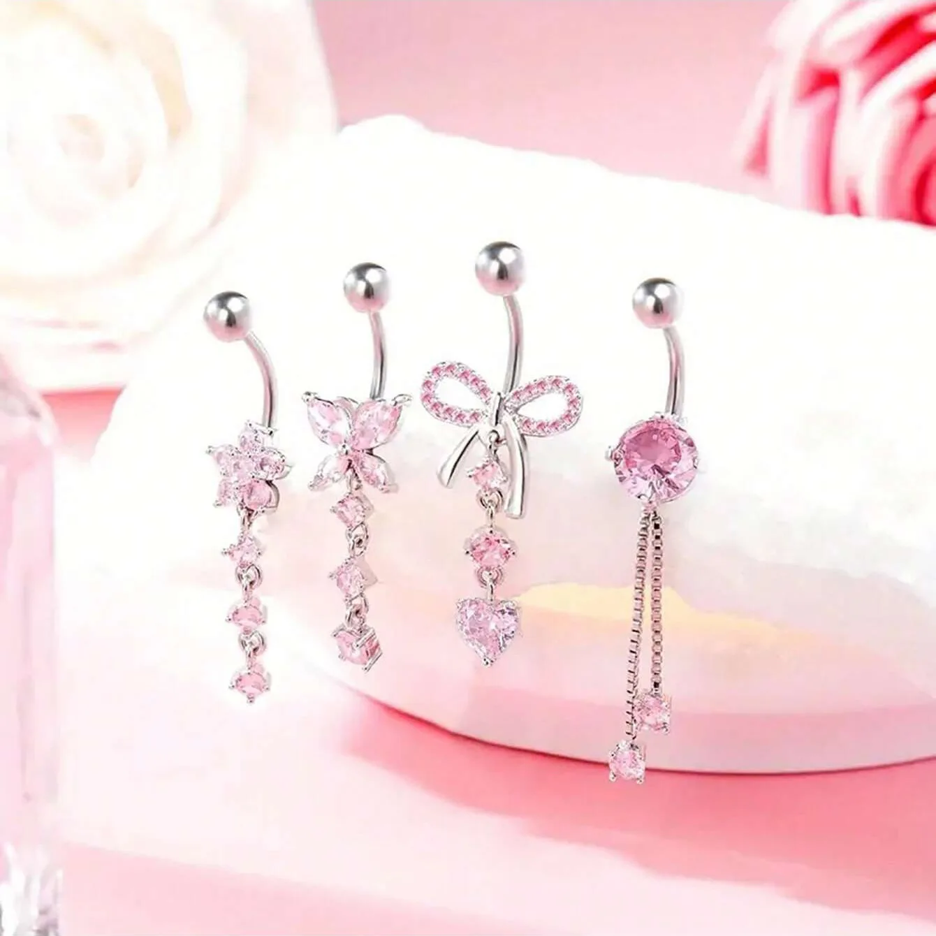 

Stainless Steel Navel Piercing Ombligo 14G Pink Heart Belly Button Rings Zircon Butterfly Dangle Belly Ring Women Navel piercing