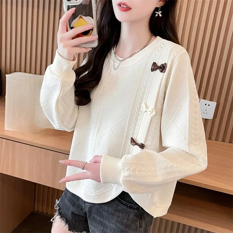 Sweet Crew Neck Solid Color Bow Tie Flowers Women's Clothing Spring Autumn Lantern Long Sleeve Aesthetic Pullover Hoodies Tops