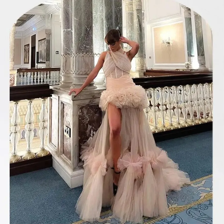 Beauty Pink Long Formal Dresses With Ruffles Floral Details Off Shoulder Women Maxi Dress To Wedding Bridal Dress Ruffled
