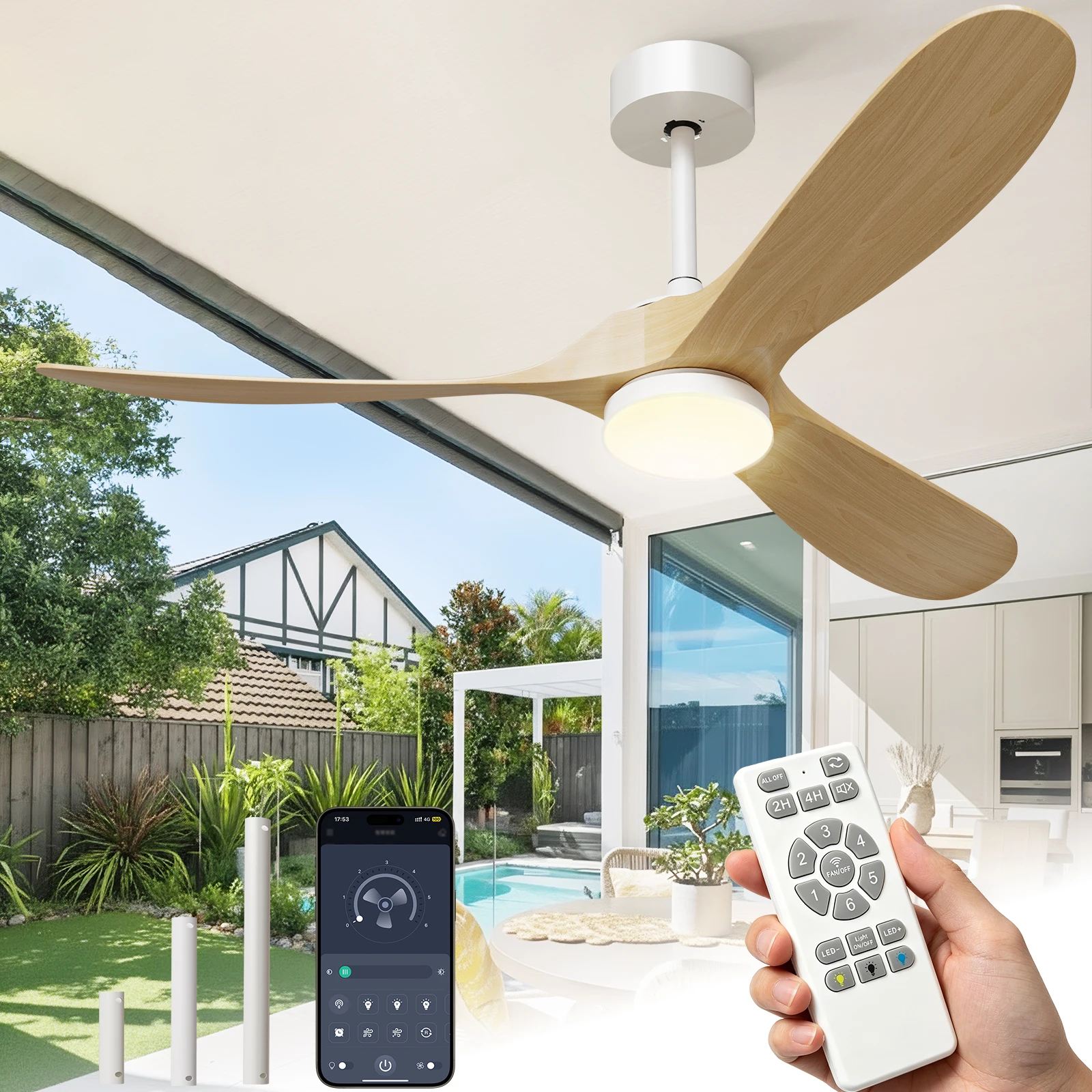 72 Inch Wooden Ceiling Fans with Lights and Smart Control, Natural App Voice Remote Control, 6 Fan Speed, Stepless Dimmable Light, Timer, Reversible Motor, Low Profile, for Bedroom Living Room
