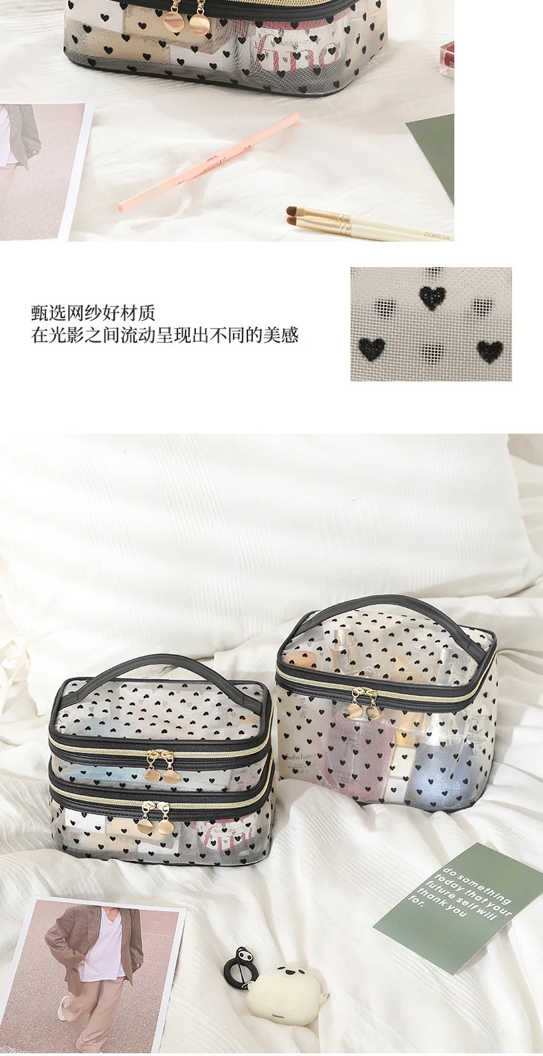 Doppels ch ichten schwarze Mesh Kosmetik tasche Reise tragbare große Kapazität Make-up Fall Organizer Aufbewahrung beutel Reiß verschluss Kultur beutel – Detail 14