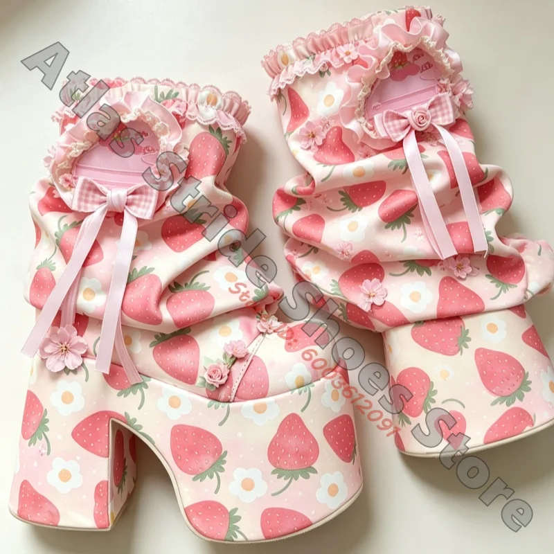 Strawberry Floral Print Slouchy Mid Calf Boots Ruffle Bow Flower Platform Block Heel Sweet Lolita Boots Ladies Kawaii Party Boot