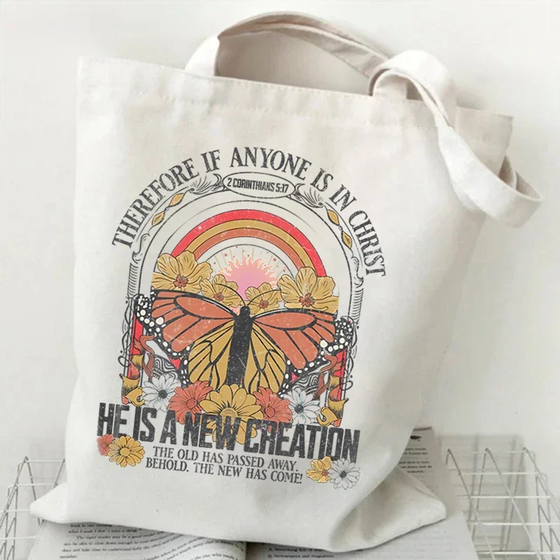 Women Handbags Jesus Butterfly Canvas Bag Vintage Flower Butterfly Fashion Tote Bags Christianity Trend Side Bag for Ladies 2024