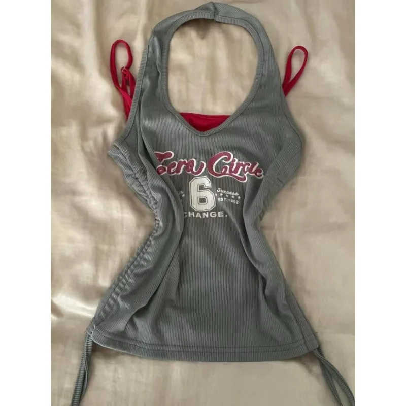 

Women's Hottie Chic Halter Vest American Retro Letter Print Tanks Harajuku Subculture Camisole Female Fake Two Design Slim Tops