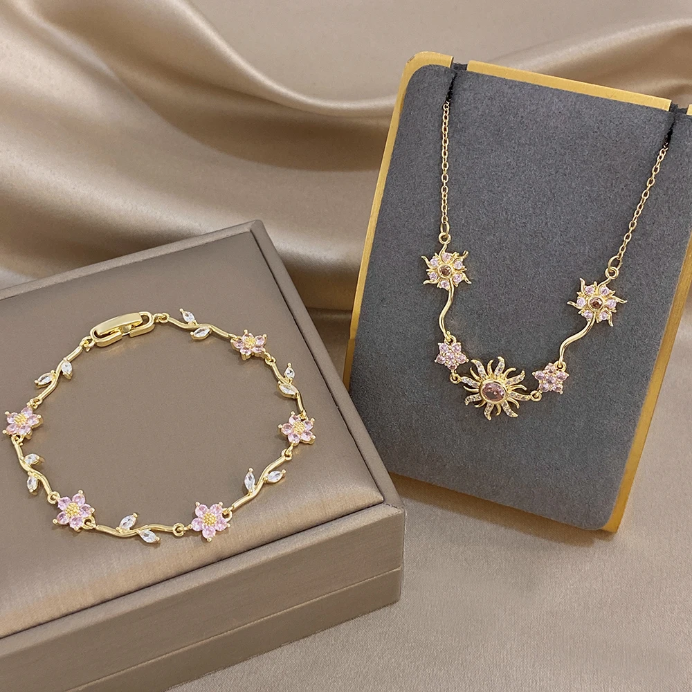 1Set AENSOA Woman Copper Material Pink Sun Bracelet and Necklace Set Dainty Zircon Hand Chain Classic Romantic Jewelry Gift