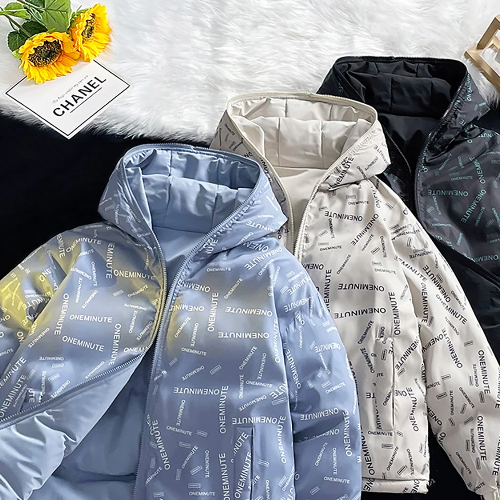 Men's Double-sided Popular Hooded Coat Clothing Hip-hop Winter Leather Coat with Letter Pattern Bubble Coat Large Size 8XL