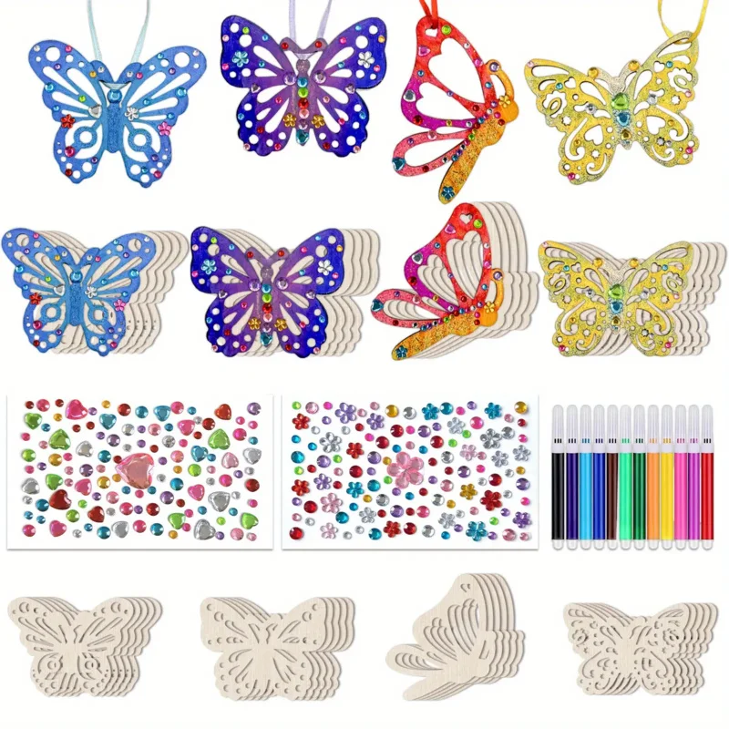 

DIY Wooden Butterfly Craft Kit Painting Color Butterfly Decoration Wooden Butterfly with 4 Styles Stickers