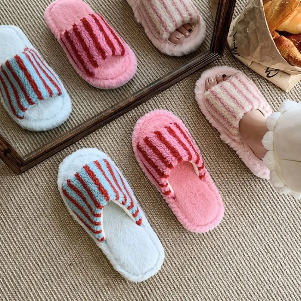 

Elegant Stripe Casual Plush Slippers Patchwork Soft Home Cotton Shoes Anti Slip Warm Winter Plush Slippers Winter