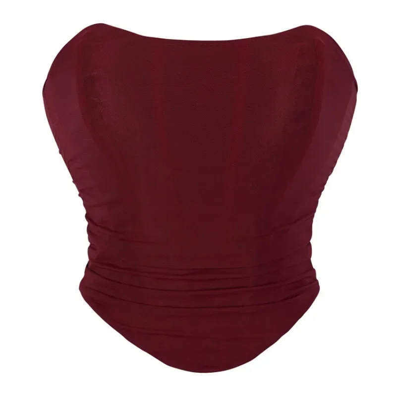 

Wine Red Elegant Mesh Ruched Fishbon Tie Back Backless Curved Hem Bustier Corset Bodyshaper Club Crop Tube Top