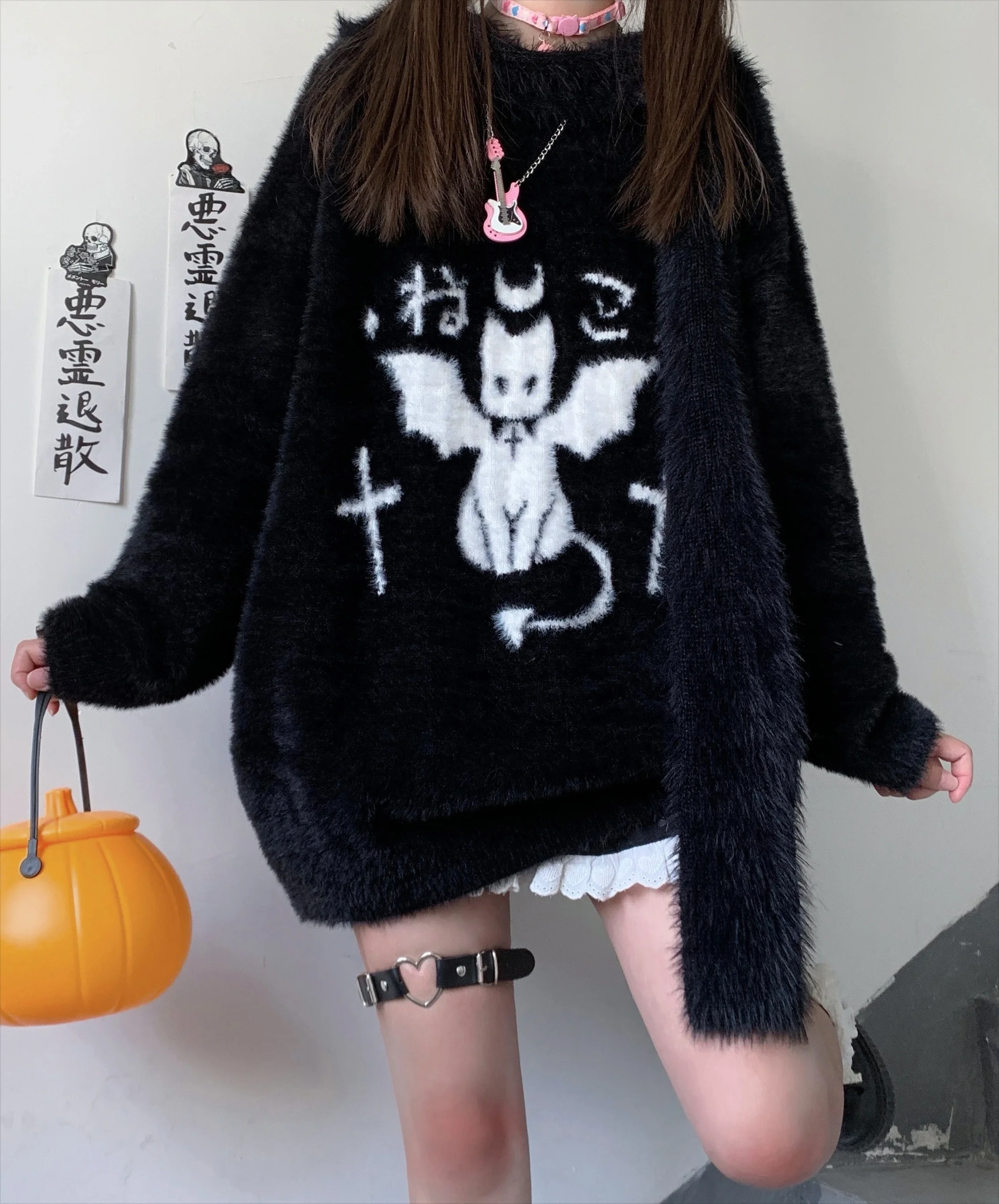 Japanese Imitation Mink Dark Harajuku Thickened Warm Knitted Pullovers Women Autumn Winter Fashion Bat Jacquard Loose Sweaters