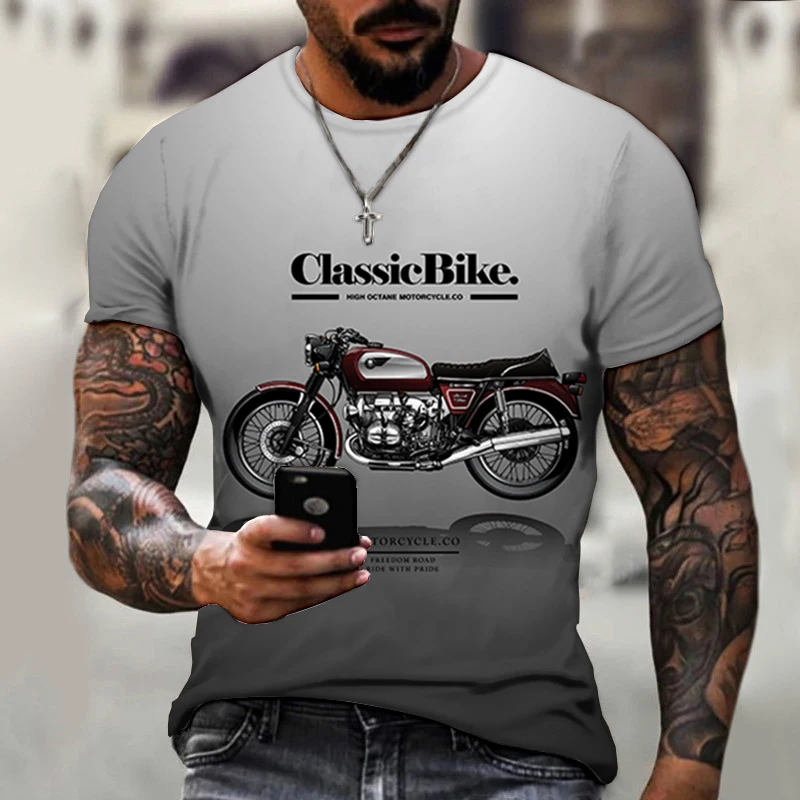 Summer Men\'s T-shirt 3D Retro Motorcycle Print T-shirt Men\'s Clothing Racing Pattern Men Short Sleeve Top Street Clothing