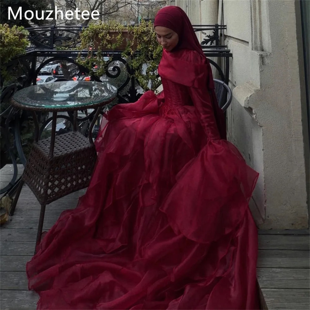

Mouzhetee Elegant A-Line Pleat Burgundy Dresses Formal Party Gowns for Women Simple Long Sleeve Prom Gown Customize 2025