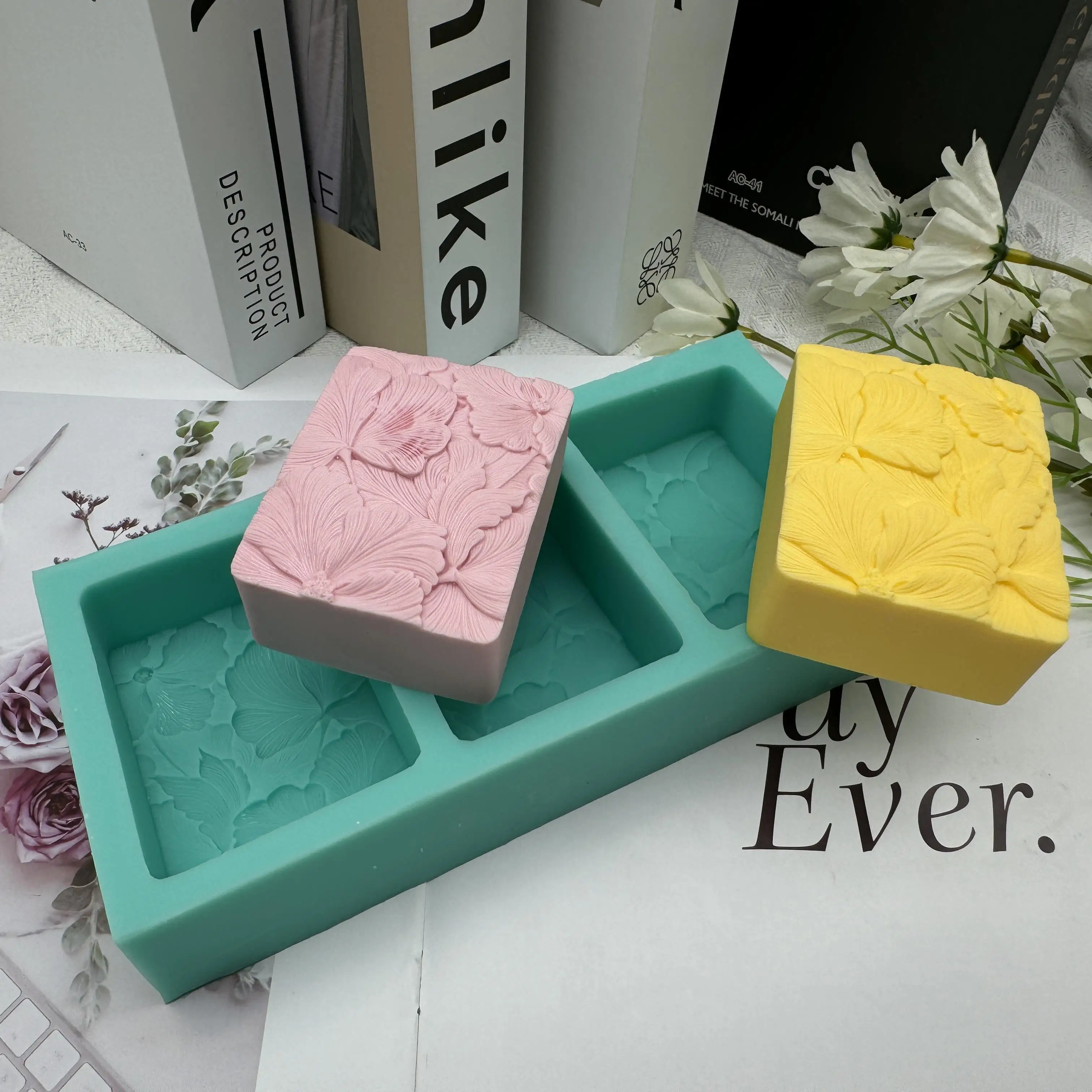 3Cavity Newest Beautiful Flower DIY Soap Mold Handmade Flower Rectangle Soap Making Mold Silicone Floral Molds for Cake Crafts