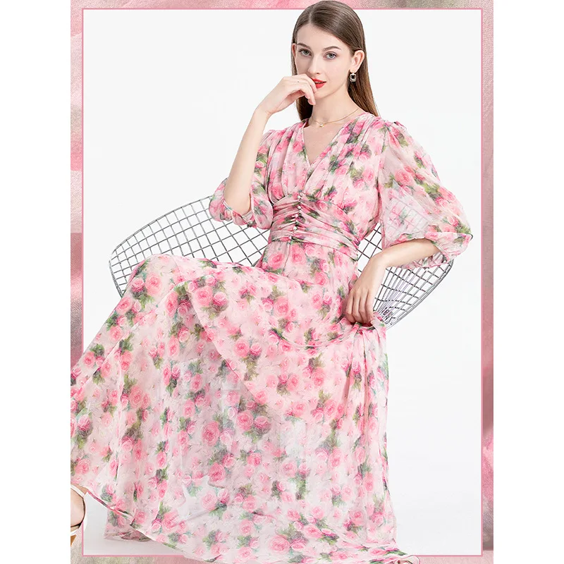 

2024 Plus Size Floral Print Wrapped V-Neck Women Dresses Short Ruffle Sleeves A-Line Bohemia Robe Casual Lady Vacation Clothing