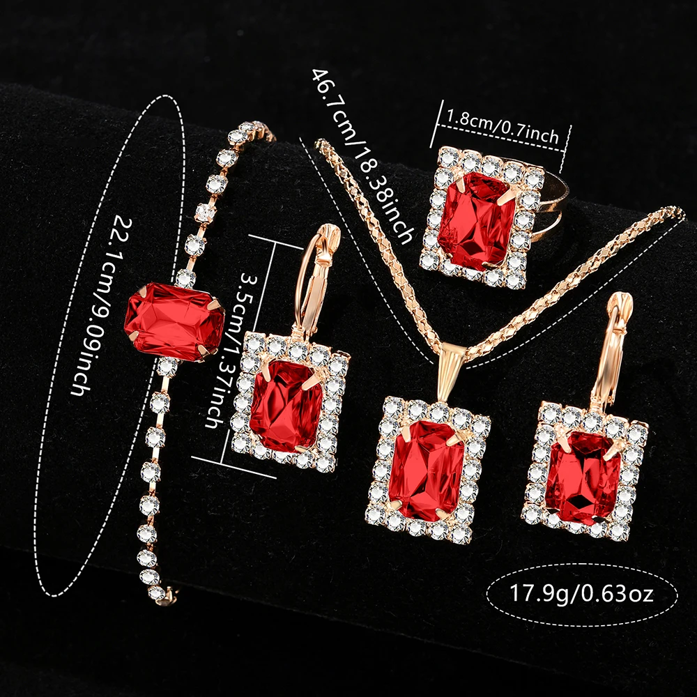 Luxury Red Six Piece Set Square Head Quartz Watch Red Square Diamond Jewelry Set Women\'s Watch Accessory Set