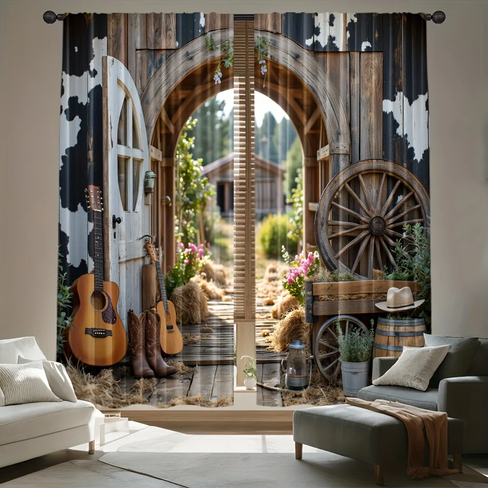 2PCS Digital Print Curtains, Barn Guitar, Western Country