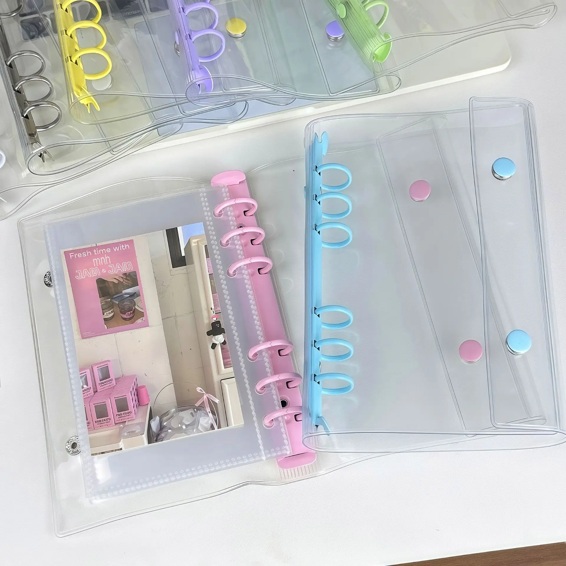 A6 Tri-Fold Kpop Binder Dpuble Button PVC Clear Cover Photo Album for Idol Photocards, 6-Ring Scrapbook Planner Storage