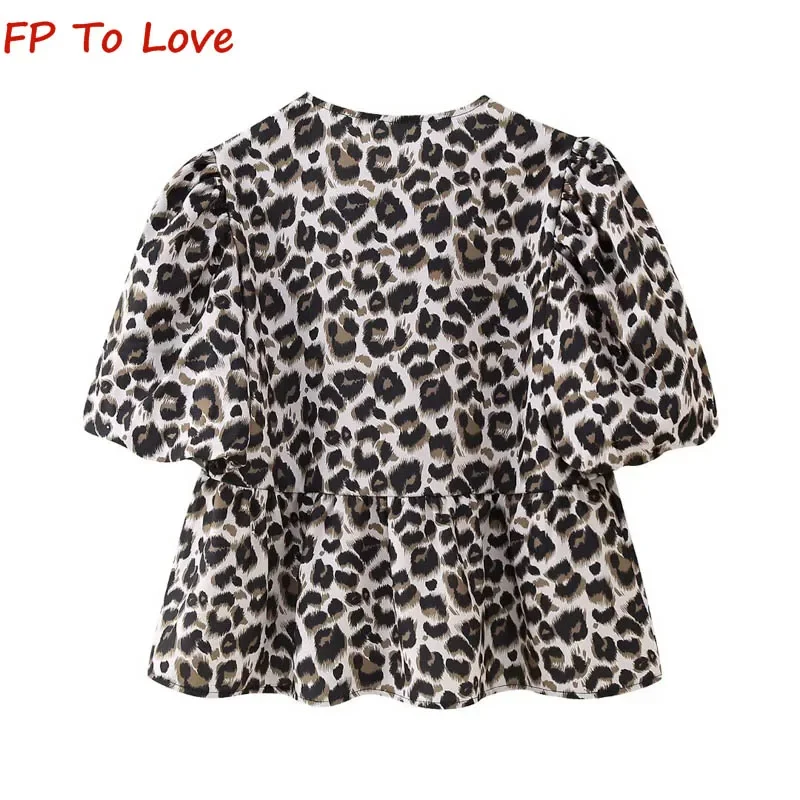 Y2K Sexy Hottie 2024 Summer Hollow Tie Shirt PB&ZA Woman Casual Bubble Short Sleeve Leopard Top