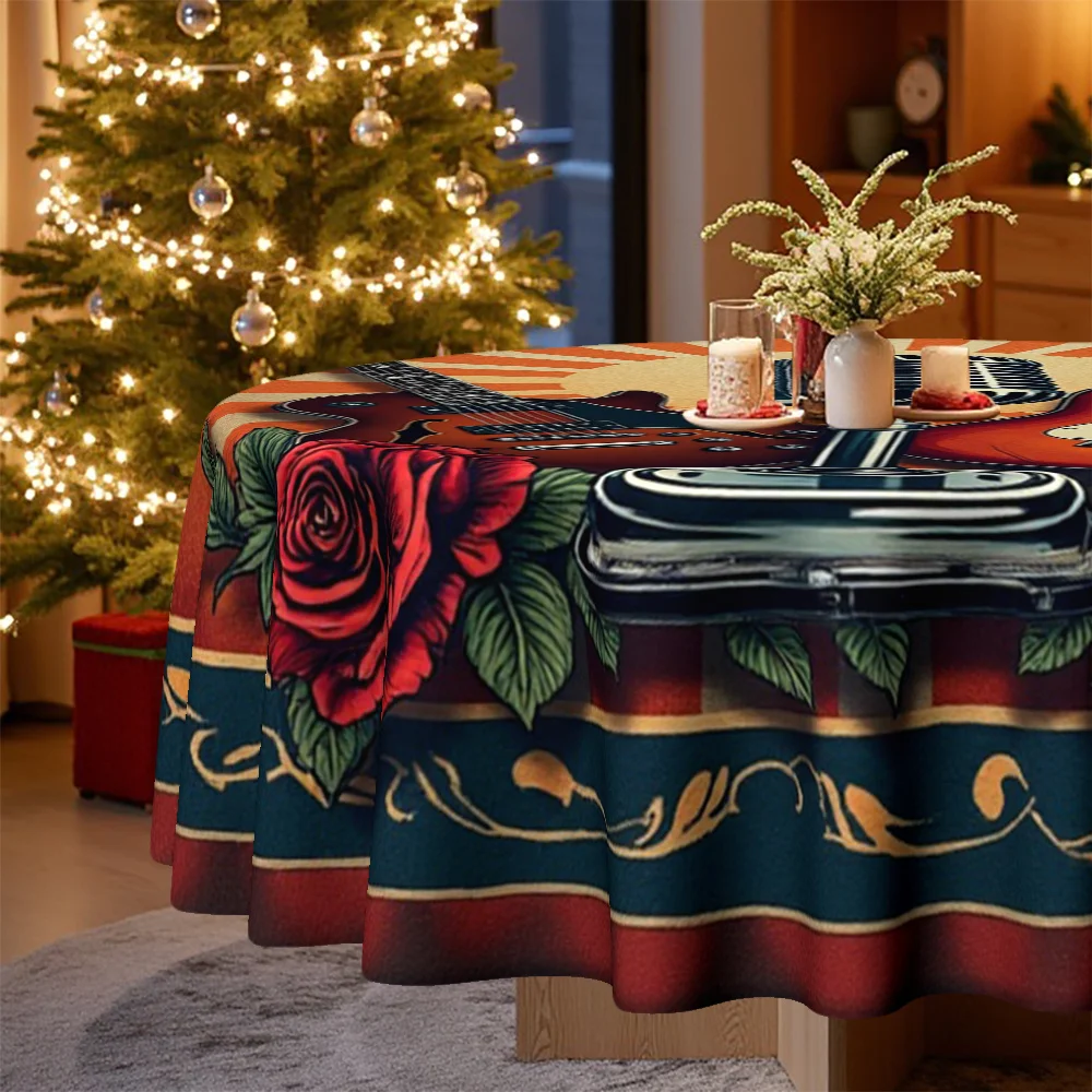 A round tablecloth with a Christmas rock theme, featuring vintage microphones and electric guitars