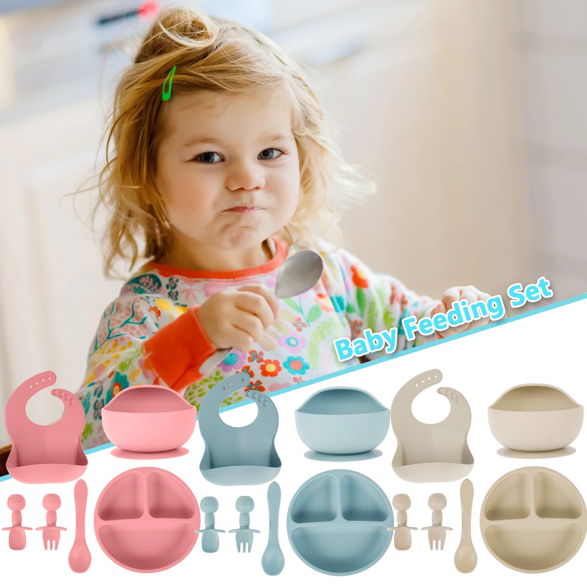 6 件套 Baby Feeding Set Bpa Free Silicone Suction Bowl & Plate Spoon Fork Silicone Adustable Bib Non-Slip Baby Weaning Set