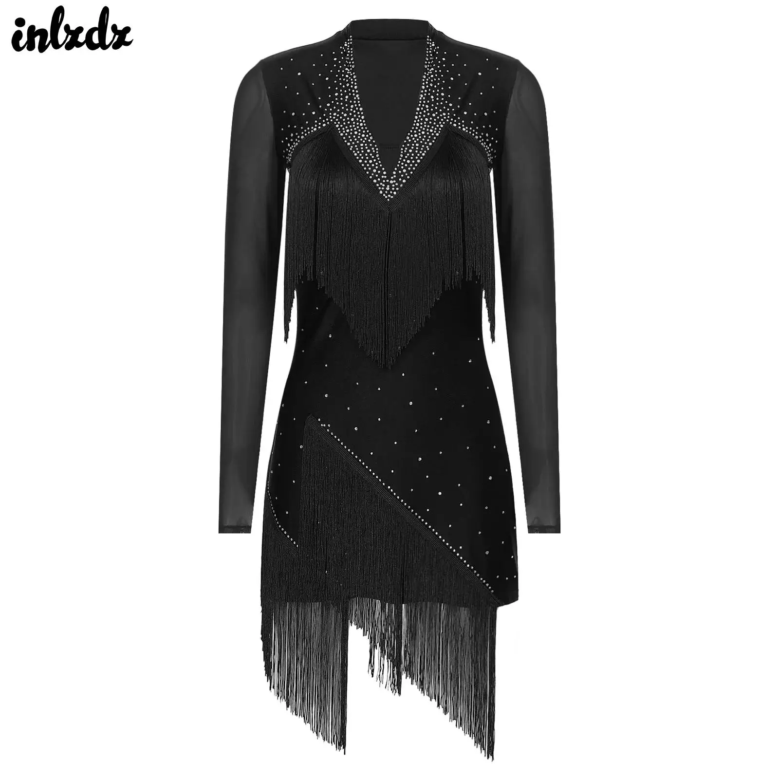 Feminino brilhante strass franja balanços latinos vestido de dança pura malha mangas compridas tango rumba cha-cha dança desempenho traje